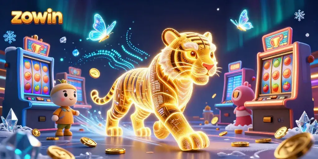 Zowin's digital casino landscape features a golden tiger and slot machines, combining vibrant gaming elements.