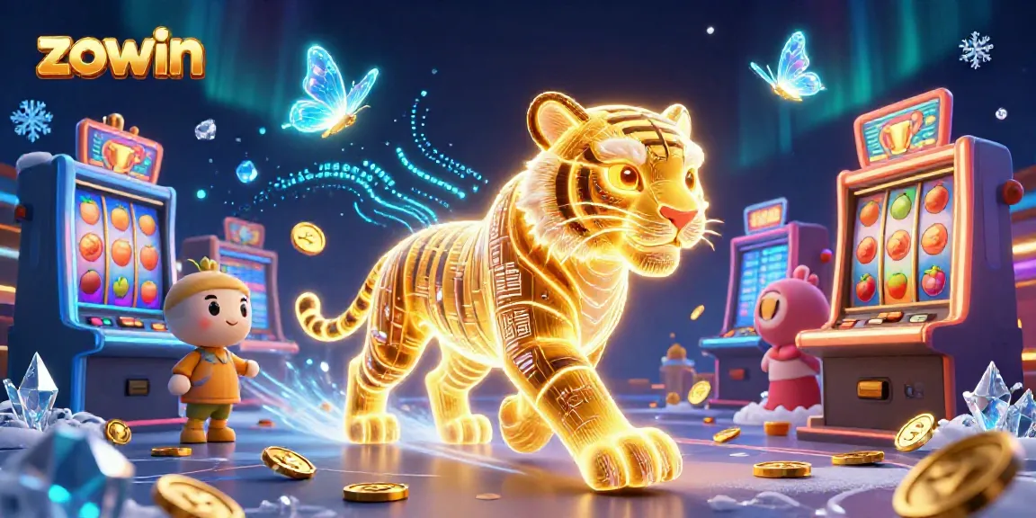 Zowin's digital casino landscape features a golden tiger and slot machines, combining vibrant gaming elements.