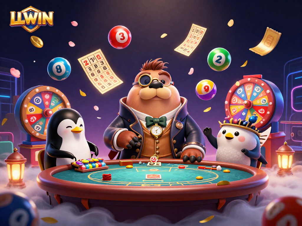 LLWIN players enjoying underwater poker with a jolly walrus, penguin dealer, and pufferfish, amidst lottery elements.