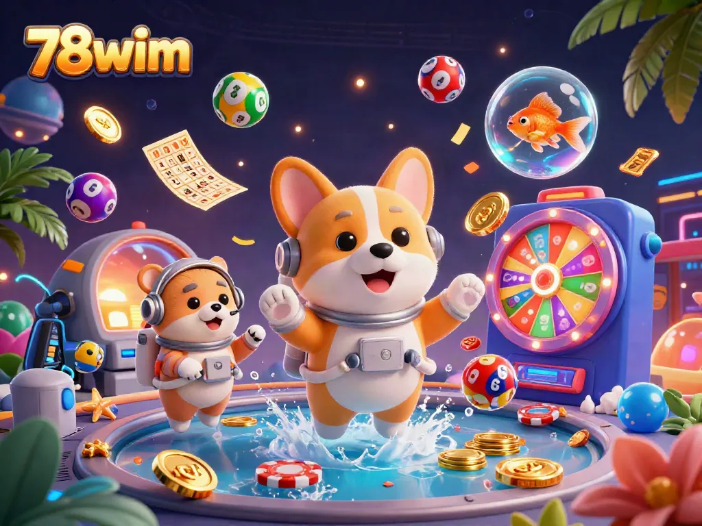 Immerse in the vibrant world of 78wim as a cartoon corgi navigates a floating casino scene filled with colorful lottery balls and casino elements.