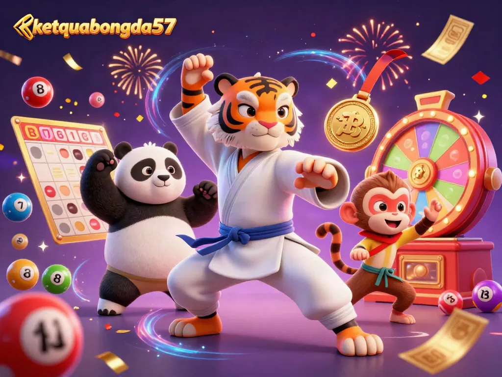 Experience the excitement of ketquabongda57 with a vibrant 3D scene featuring a kung fu tiger master.