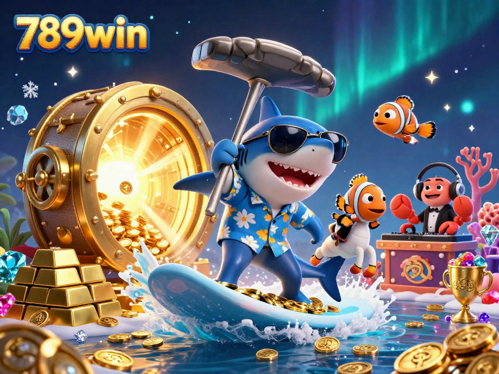 Experience exciting gaming opportunities with 789win as a colorful shark surfs through gold coins.