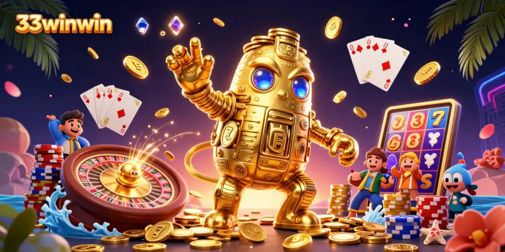 Spin the reels with 33winwin's vibrant scene of animated gold golems and casino symbols.