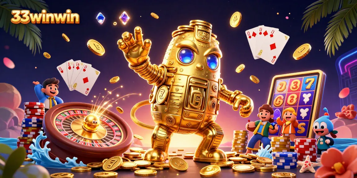 Spin the reels with 33winwin's vibrant scene of animated gold golems and casino symbols.