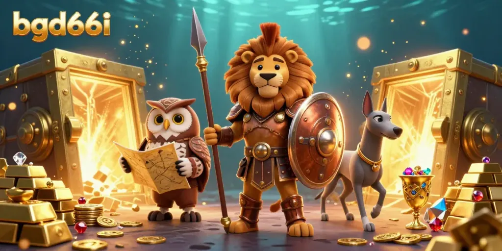 Experience the excitement of bgd66i as a Spartan lion leads a tactical gamble in a treasure-filled scene.