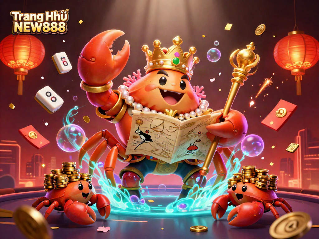 Experience the excitement of Trang Chủ NEW888 with a vibrant scene filled with golden crab emperors and gaming elements.