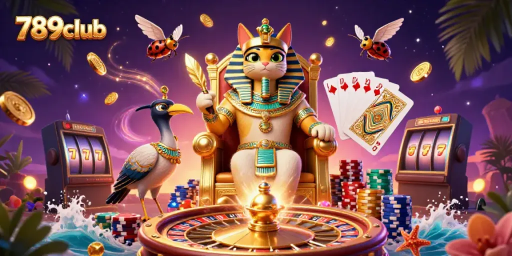 Experience the excitement of 789club with dynamic elements like spinning roulette, golden coins, and vivid characters.