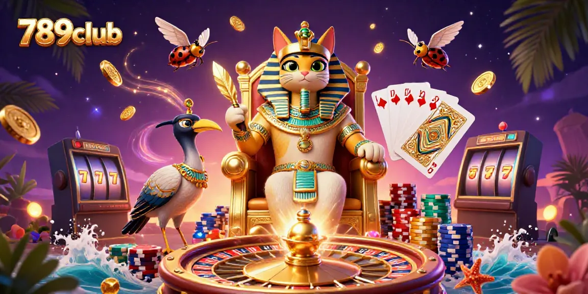 Experience the excitement of 789club with dynamic elements like spinning roulette, golden coins, and vivid characters.