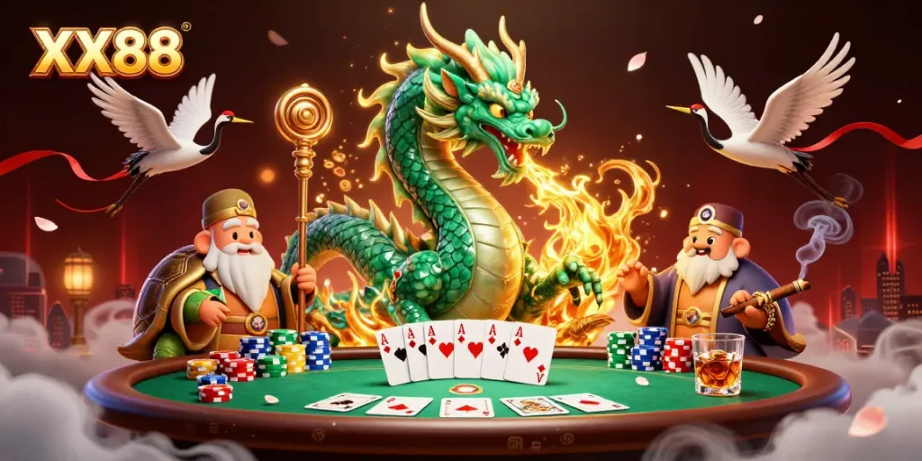 Experience the excitement of XX88 with a jade dragon, sage, and cranes amidst a rich casino setting.