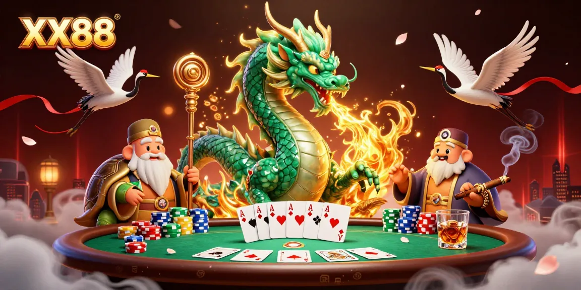 Experience the excitement of XX88 with a jade dragon, sage, and cranes amidst a rich casino setting.
