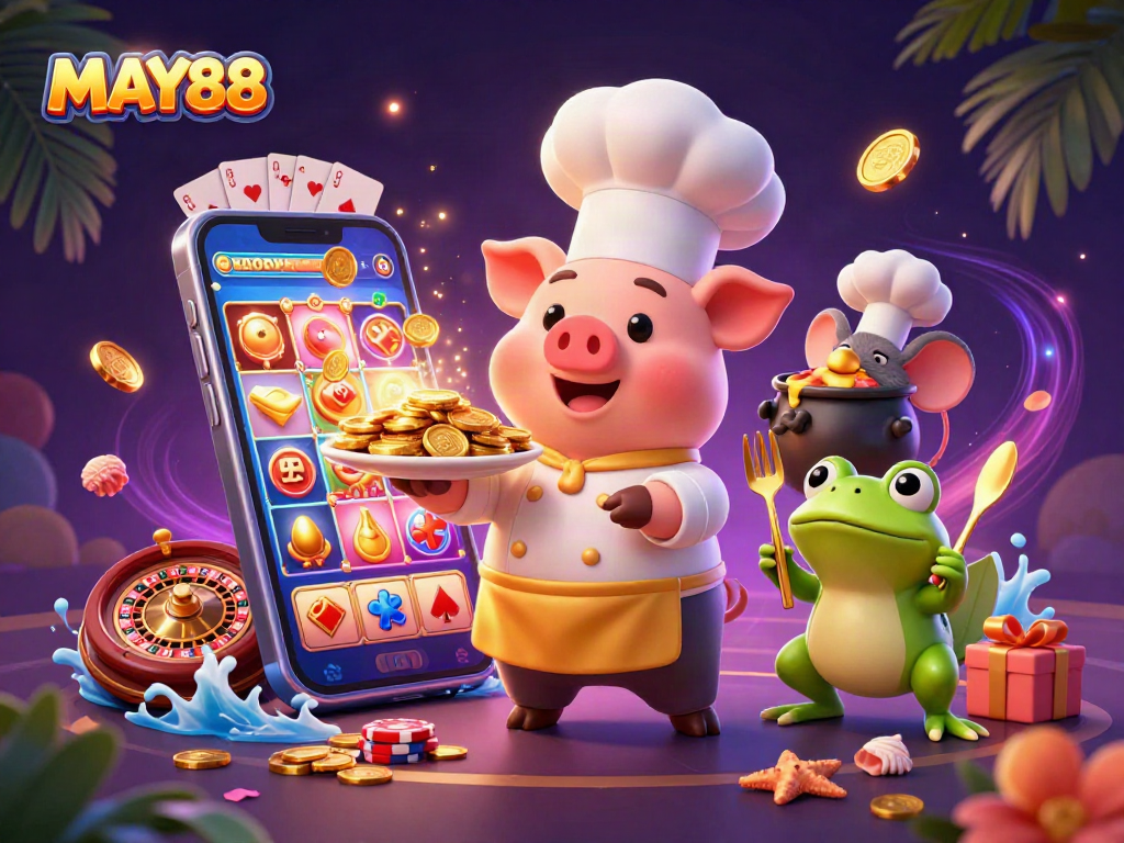 MAY88 showcases a vibrant cartoon casino scene featuring a playful chef pig, sous-chef mouse, and critic frog with gold coins and slot games.