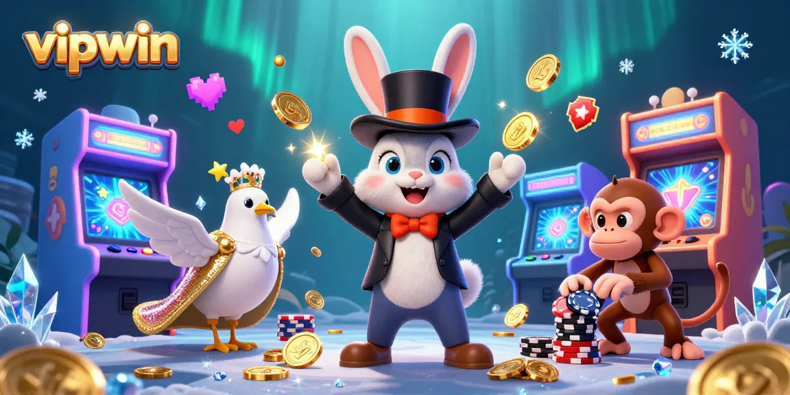 Experience thrilling gaming action at vipwin with a cartoon magician pulling coins and vibrant casino elements.