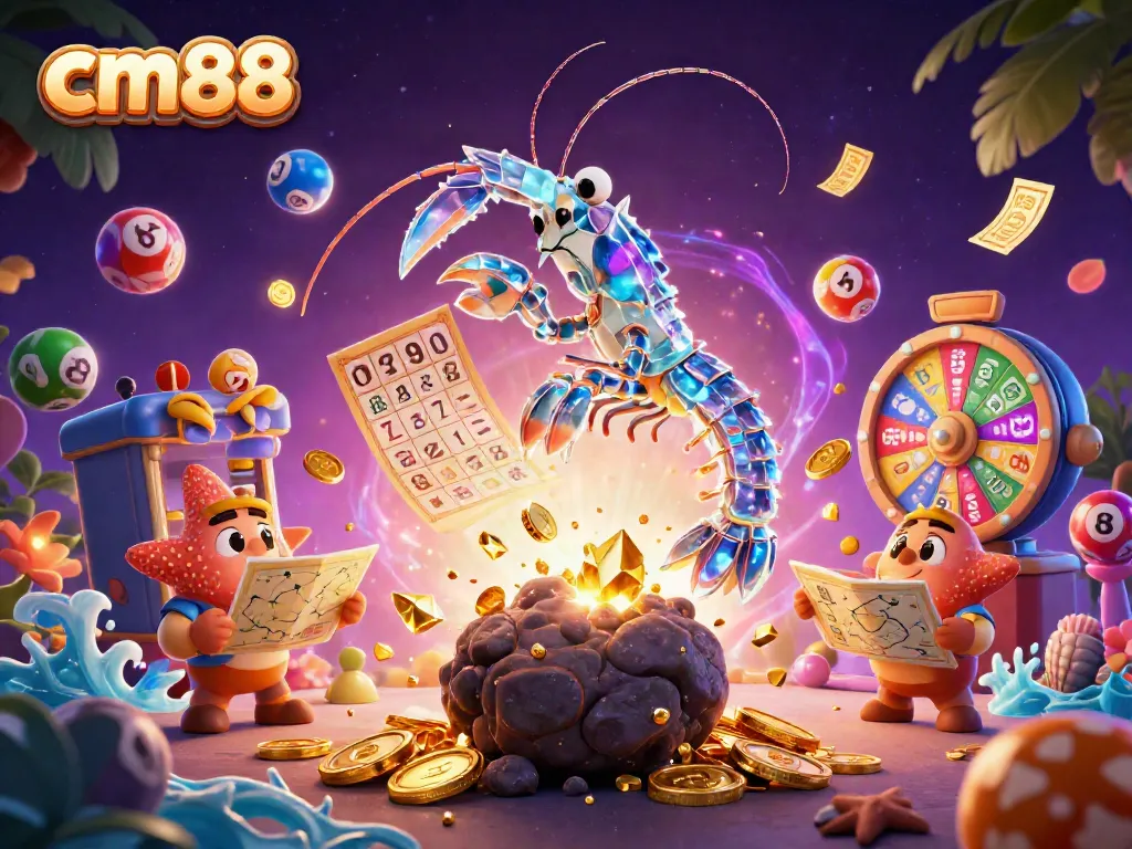 Experience thrilling gaming at cm88 with a 3D mantis shrimp breaking asteroids filled with gems and coins.