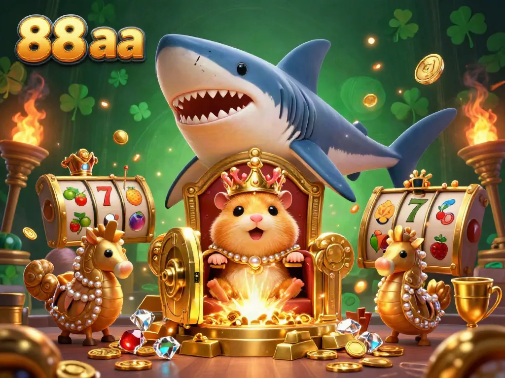 Experience the adventure of 88 aa with a captivating scene of a golden hamster king and royal guards amidst casino elements.
