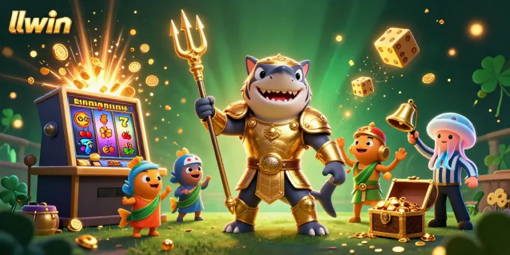 Engage in thrilling llwin casino games, featuring a bold tiger shark and vibrant slot machine bursting with jackpots.
