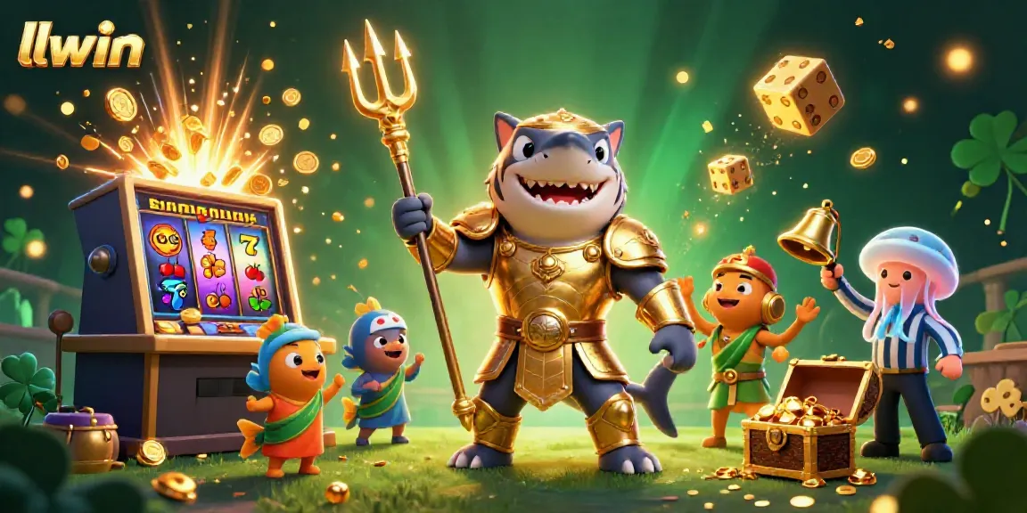 Engage in thrilling llwin casino games, featuring a bold tiger shark and vibrant slot machine bursting with jackpots.