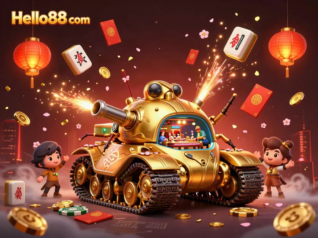 Witness excitement at Hello88 com with a vibrant casino scene featuring a golden beetle tank, coins, and fireworks.