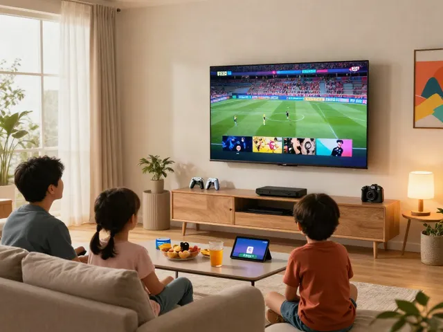Miglior IPTV family enjoying high-quality streaming on Smart TV in a cozy living room.
