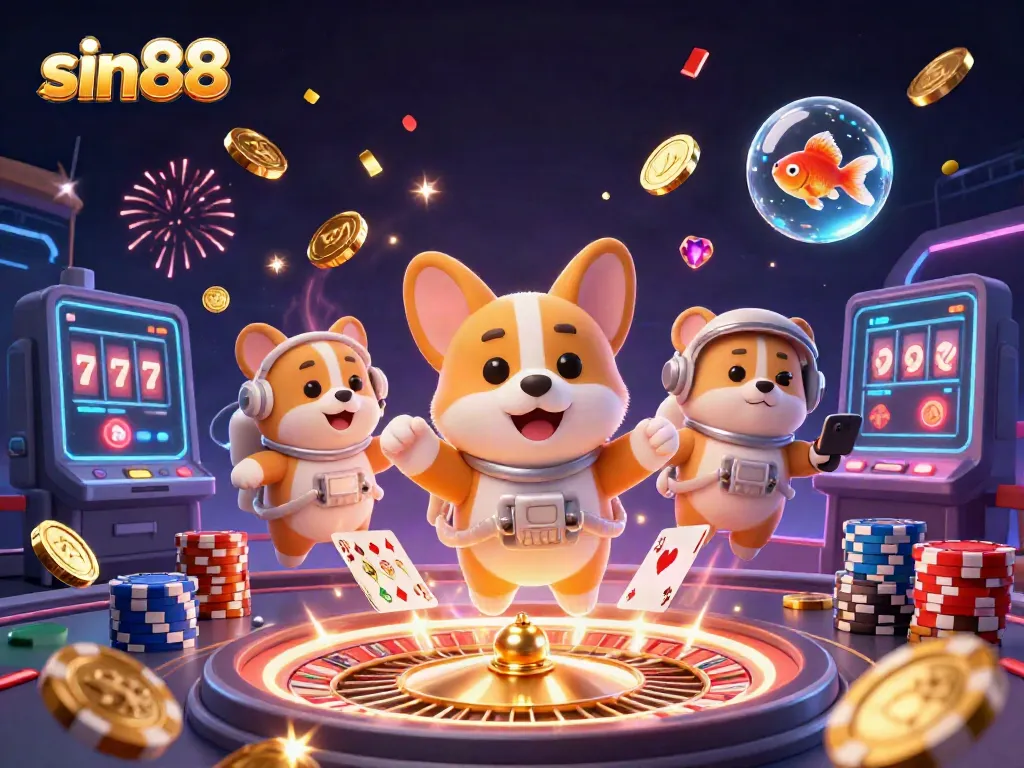 Experience thrilling gaming at sin88 with a floating astronaut corgi and vibrant casino elements.