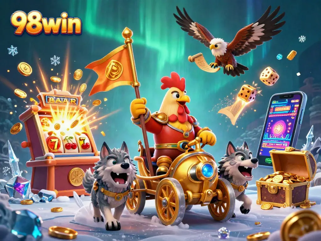 Engage with 98win's thrilling games amid a vibrant casino scene featuring dynamic characters and explosive jackpots.
