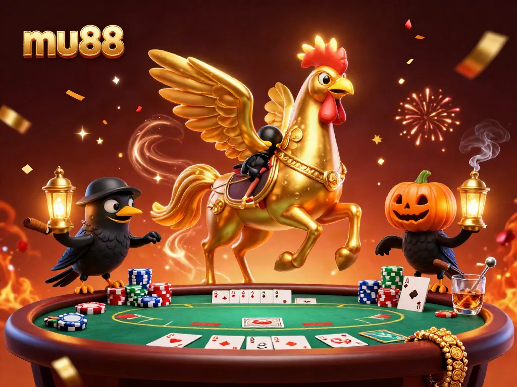 Experience thrilling mu88 action with a golden rooster and poker elements in a midnight casino.