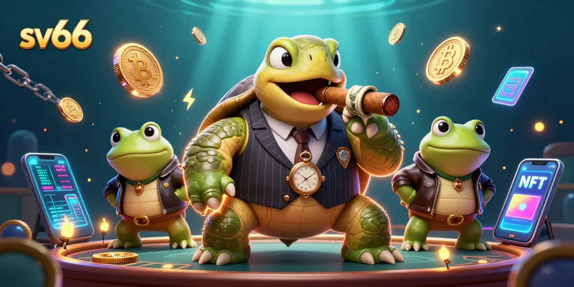 Bet big with sv66 as a mobster turtle leads a crypto-themed casino adventure featuring vibrant lights and energetic action.