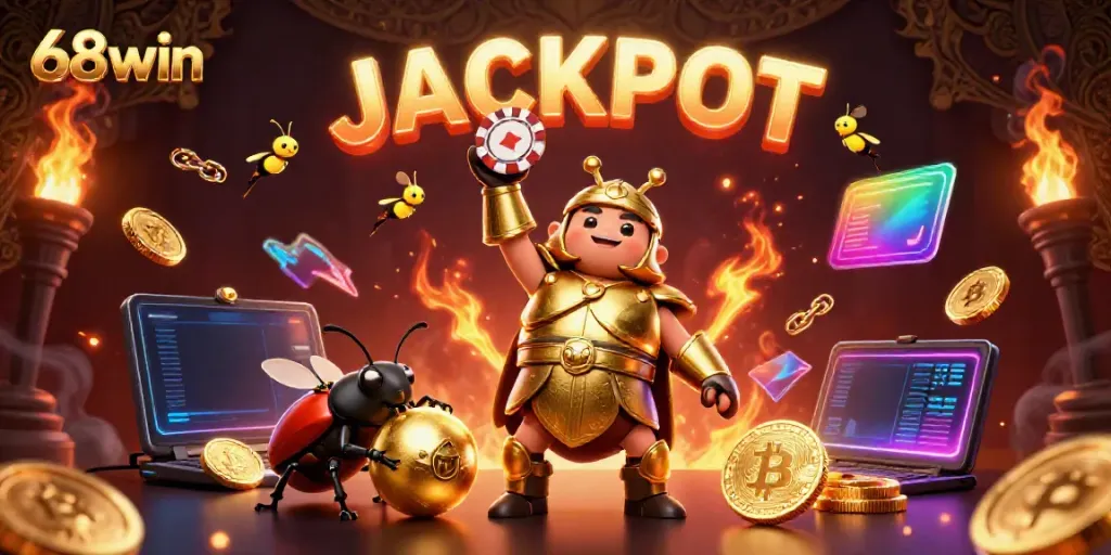 Experience thrilling wins at 68win with the victorious golden beetle and shimmering casino elements.