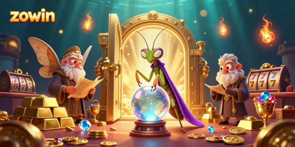 Engage with Zowin's vibrant casino experience featuring whimsical characters and treasure visuals.