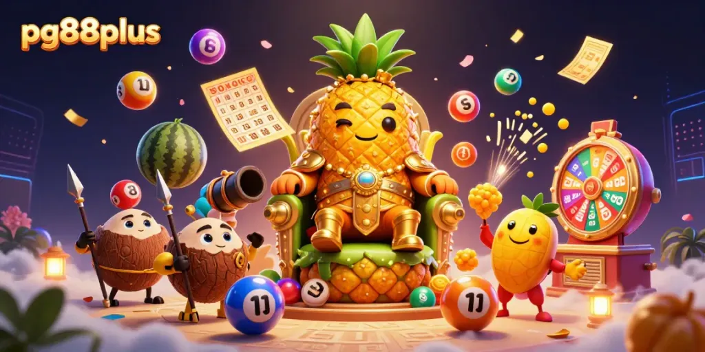 Engage with pg88plus's vibrant gaming experience featuring a golden pineapple king and dynamic lottery elements.