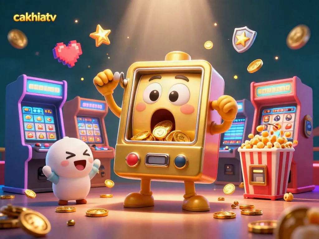 Cakhiatv showcases an energetic scene with a golden slot machine celebrating its jackpot amidst vibrant gambling elements.