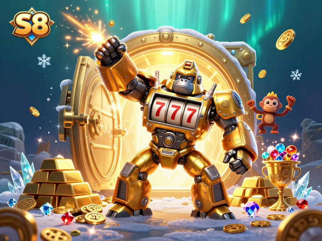 S8 gaming experience with a 3D golden gorilla mech and slots theme showcasing excitement and treasures.