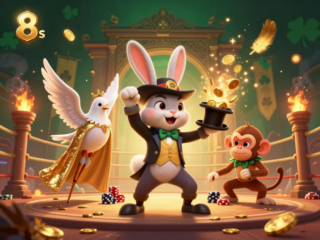 Experience the thrill of 8 S gaming with a magician rabbit, dove, and monkey amidst cascading coins.