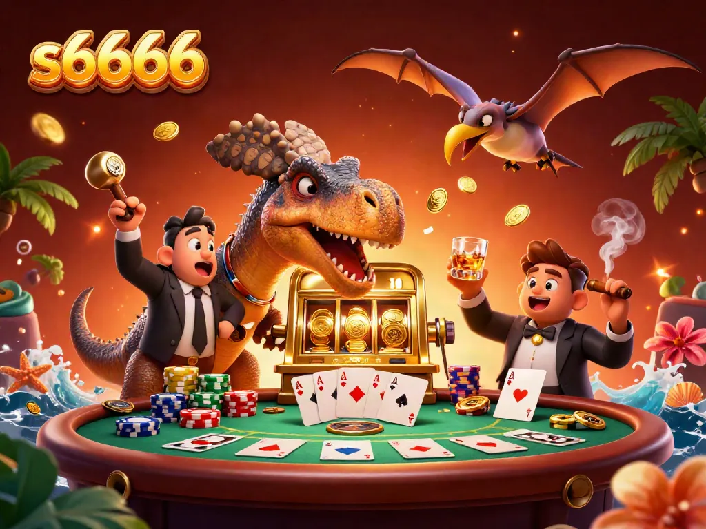 Experience thrilling s6666 casino action with a dinosaur jackpot scene and dynamic gaming elements.