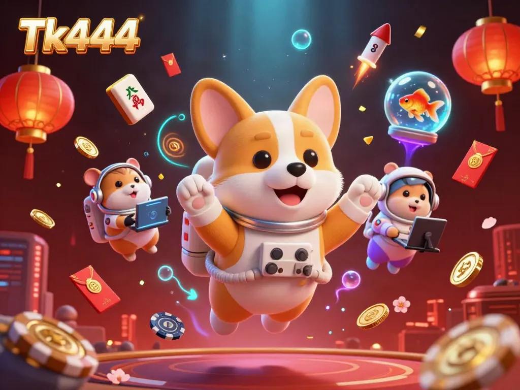 Engage with Tk444 in a vibrant floating casino scene featuring a cartoon astronaut corgi, golden coins, and glowing elements.