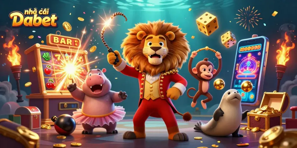 Experience the excitement of nhà cái Dabet with a vibrant casino-themed 3D illustration featuring lively characters.