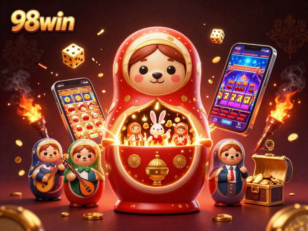 Engage in thrilling 98win casino action with a vibrant 3D illustration featuring adorable bears and gaming excitement.