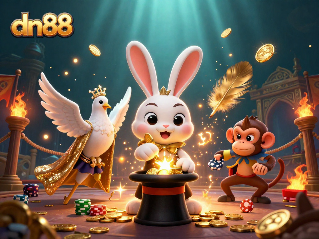 Experience the magic of dn88 with a dazzling illustration of a magician rabbit creating fortune in a casino world.
