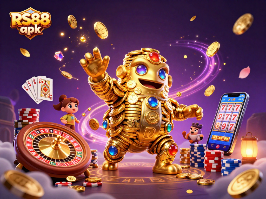 Experience RS88 apk with dynamic 3D casino elements like golden coins and vibrant gaming scenes.