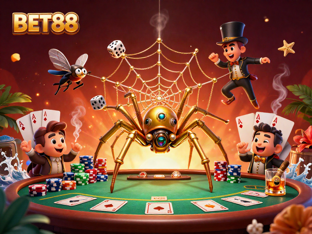 Engage with BET88's dynamic gaming scene featuring steampunk elements and vibrant poker setups.