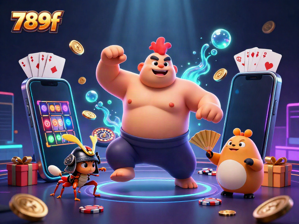 Experience the excitement of 789f with a vibrant 3D casino illustration showcasing dynamic games and characters.