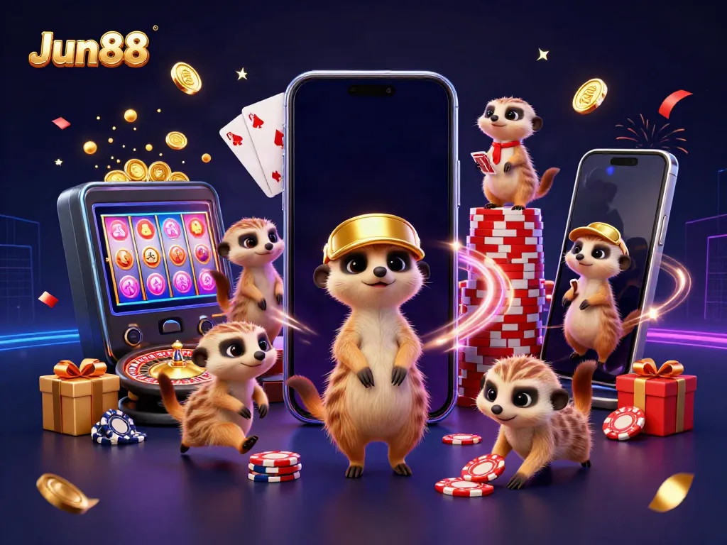Experience the vibrant world of Jun88's casino with meerkats playing games and celebrating wins.