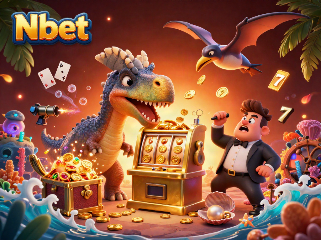 Nbet's thrilling jackpot scene with animated dinosaurs and vibrant casino elements.