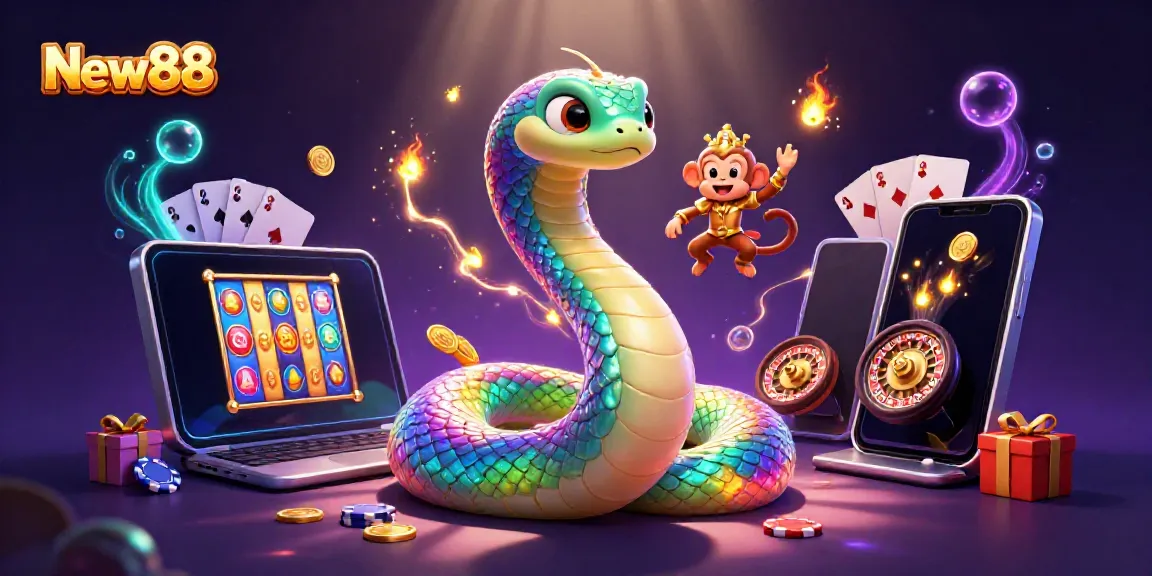 Experience the excitement of New88's vibrant online casino with a magical gaming scene featuring colorful characters and thrilling games.