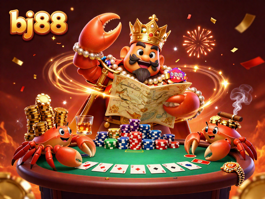 Engage in thrilling gameplay with bj88 featuring a golden crab emperor and dynamic poker elements.