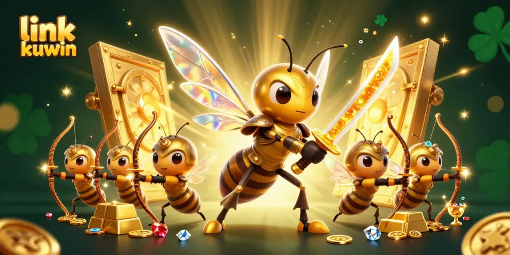 Engage with link kuwin, featuring a dynamic casino illustration of a golden hornet and bee archers in action.
