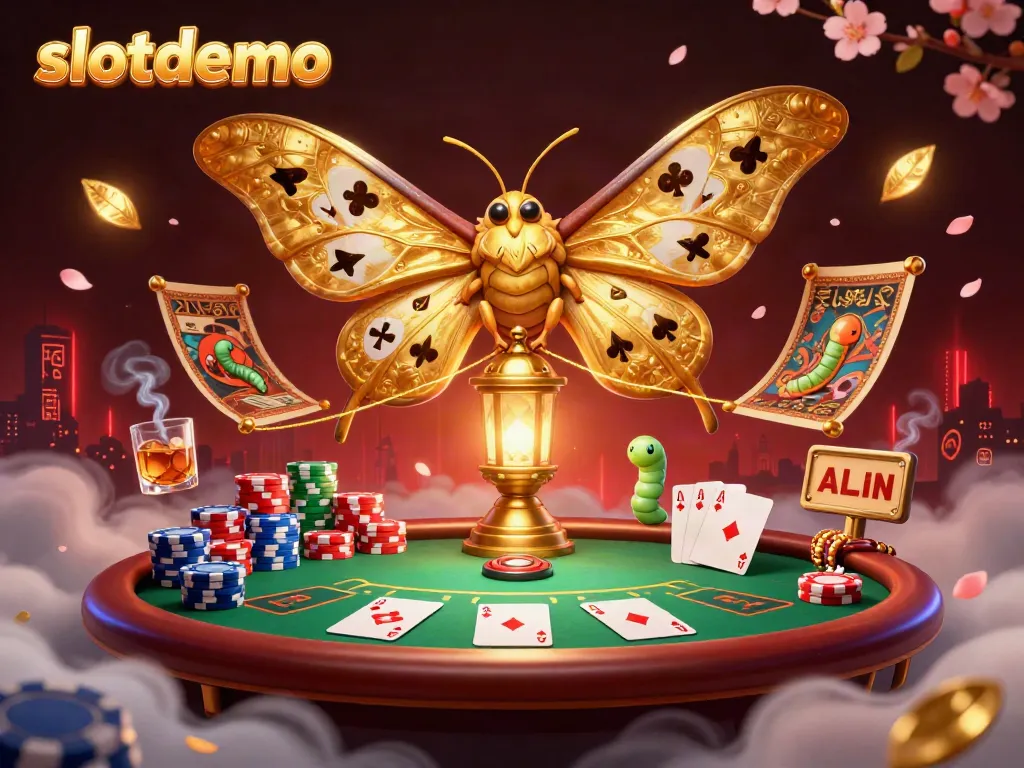 Play thrilling slotdemo games with a golden-winged atlas moth amidst vibrant casino action.